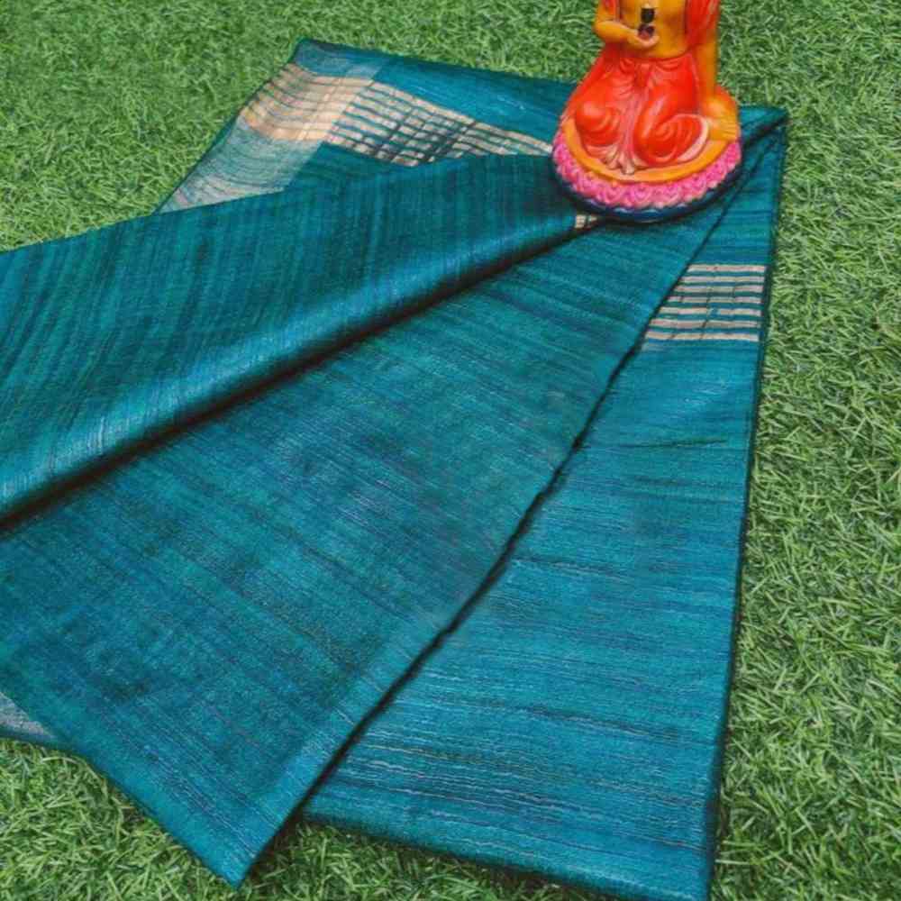 Tussar Ghicha Saree with Jari Border in Single Dye Teal